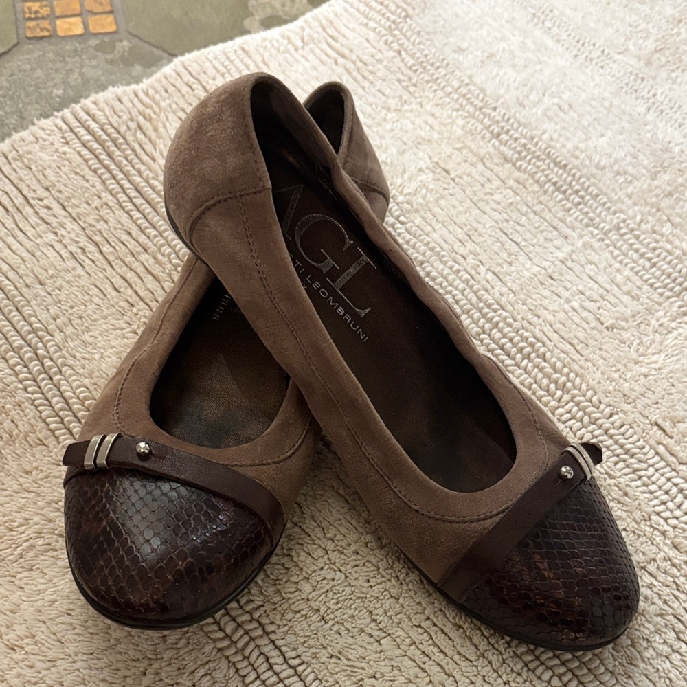 AGL Taupe Suede Flats with Textured Toe